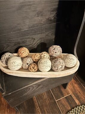 Decorative Faith, Hope & Love Dough Bowl Display with Wicker Balls
